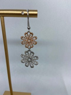 Silver and Sand Gold Filigree flower earrings.