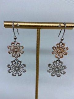 Silver and Sand Gold Filigree flower earrings.