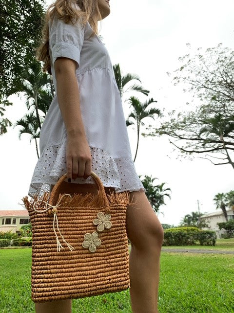 Toquilla straw unique basket purse weave by hand with decorative flowers