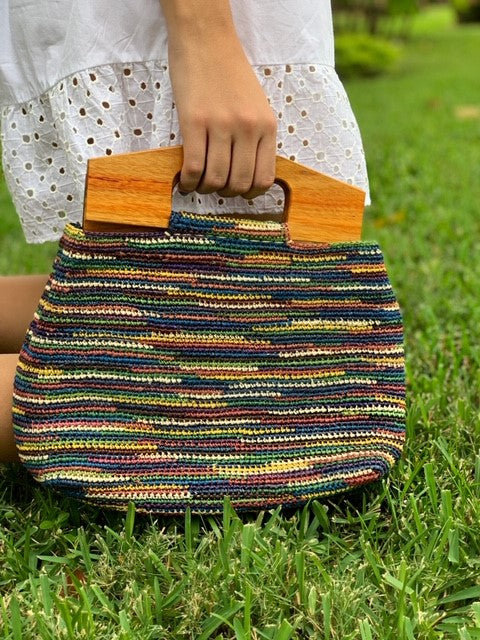 Multicolor purse with wood handles