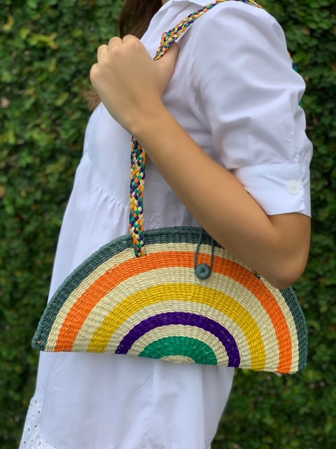Beautiful half-moon multicolor purse crafted with toquilla straw