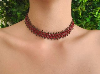 Red and black Choker Necklace made with Chaquiras
