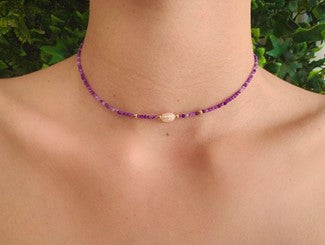 Light purple amethyst stone choker with river pearl